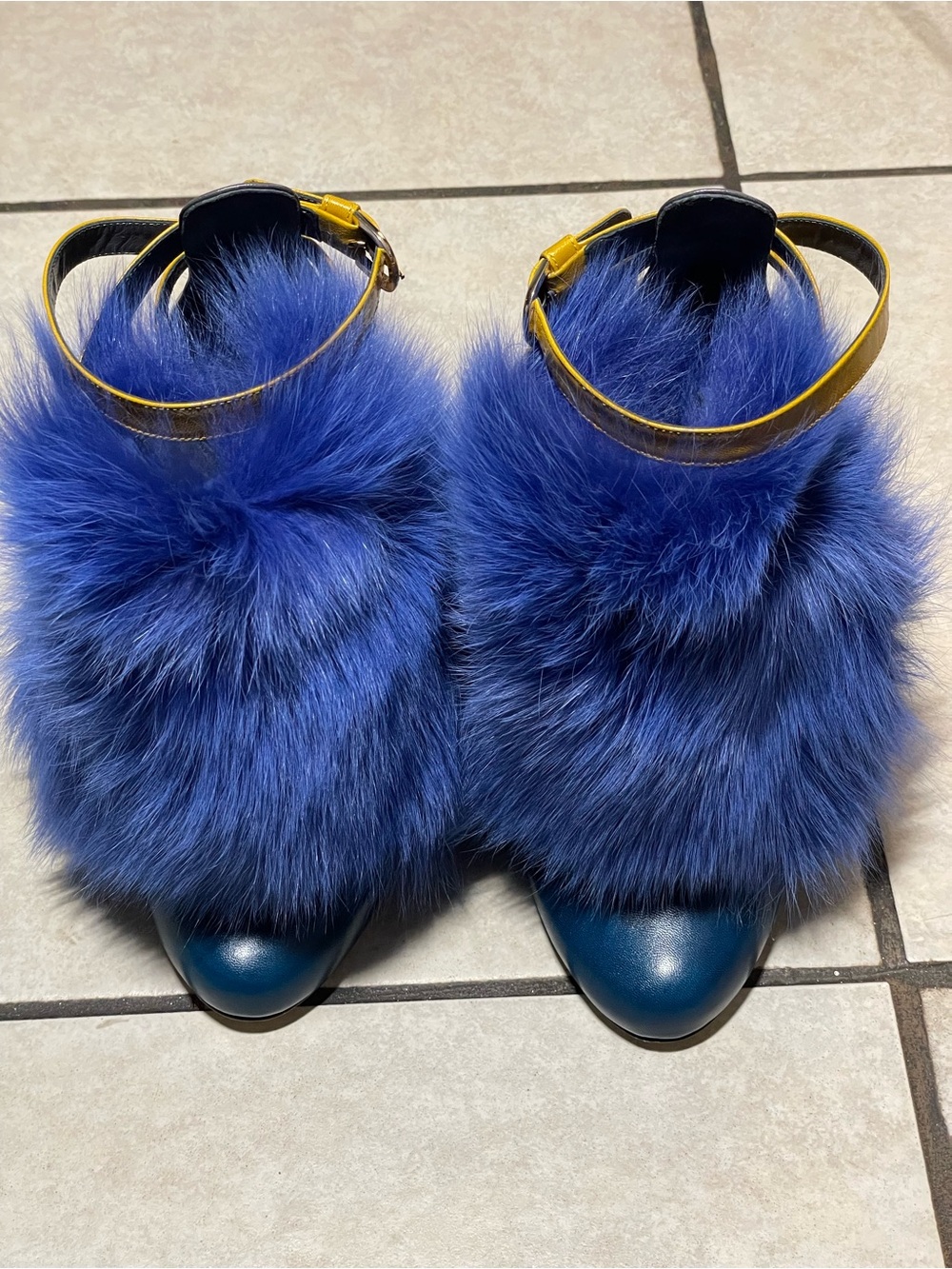 Brian Atwood Blue Fur and Yellow Ankle-Strap Pointed-Toe Heels